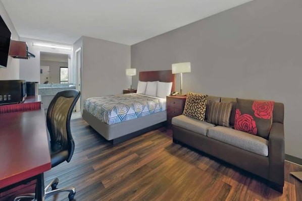 A hotel room with a bed, a sofa, a desk, and a chair.