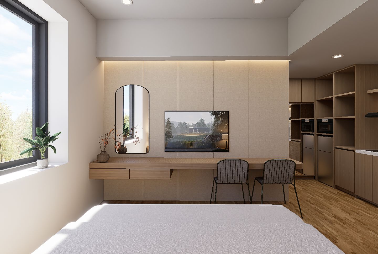 A modern bedroom with a large bed, a desk with two chairs, a mirror, and a framed picture.