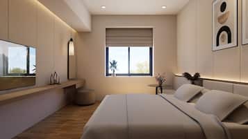 Quarto moderno com uma cama grande, mesas de cabeceira, uma janela com vista e uma TV fixada na parede.