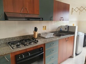 A compact kitchen with a gas stove, a sink, and a dishwasher. - Charming 2-Bedroom Apartment in Medellín's Golden Mile (Medellín)
