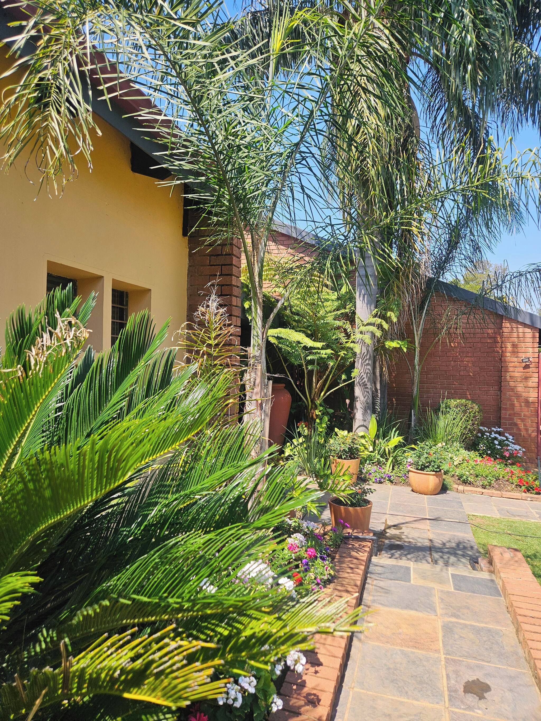 A garden with a variety of plants, a stone pathway, and a building with a yellow wall and windows.