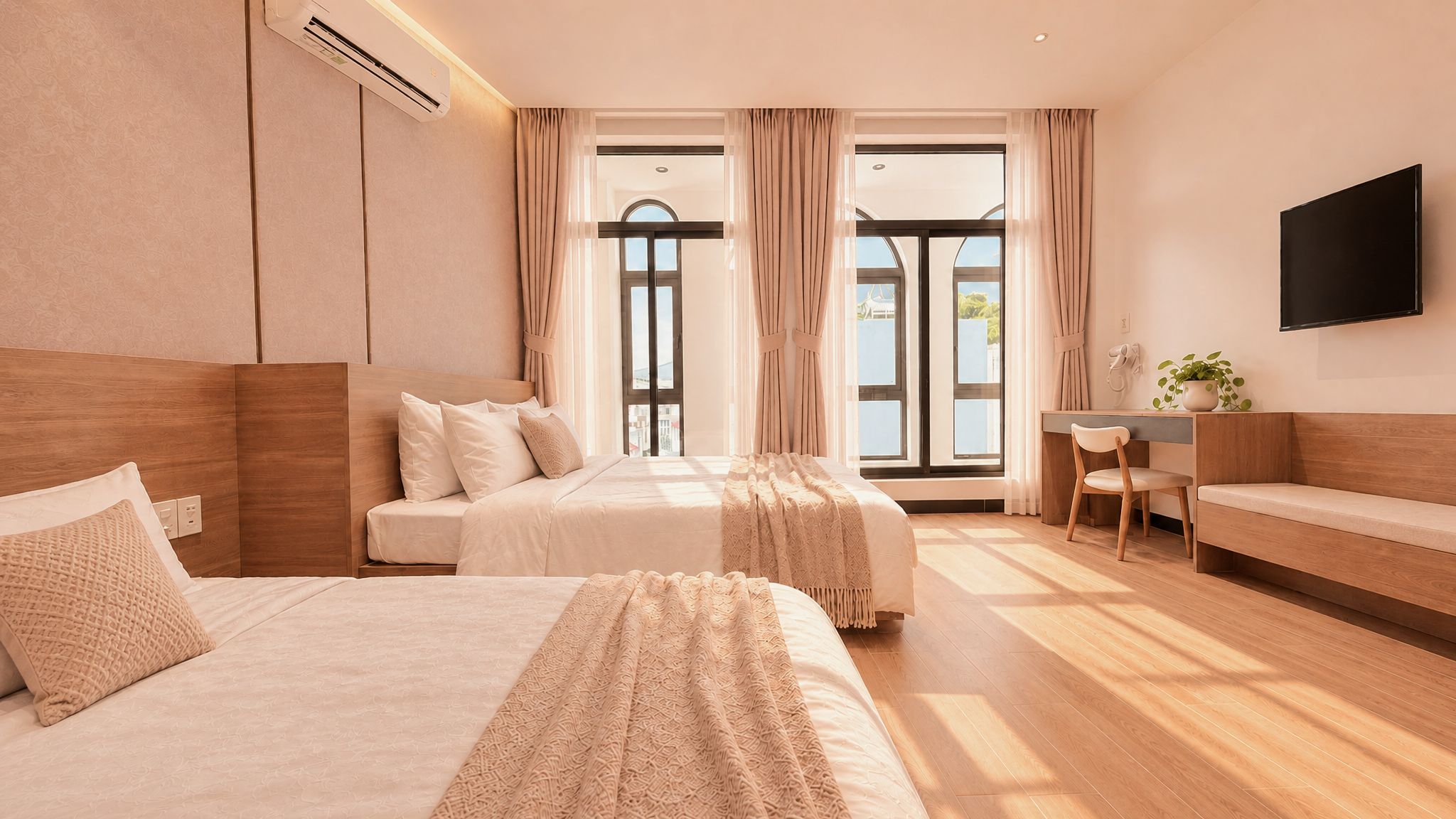 Habitación de hotel con dos camas, un escritorio, una silla, un televisor y vistas al exterior.