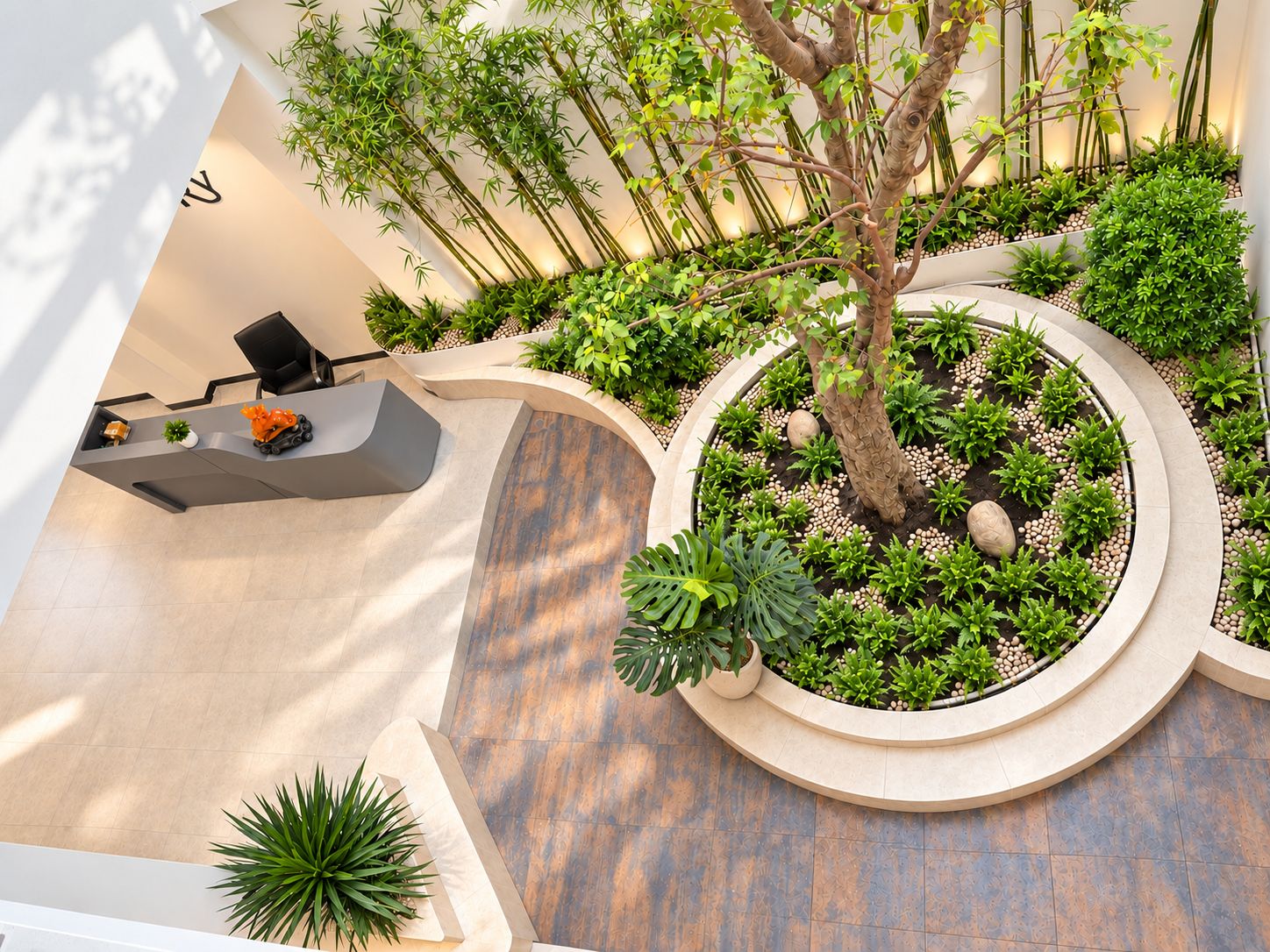 A reception area with a desk, chairs, and a circular planter with various plants.