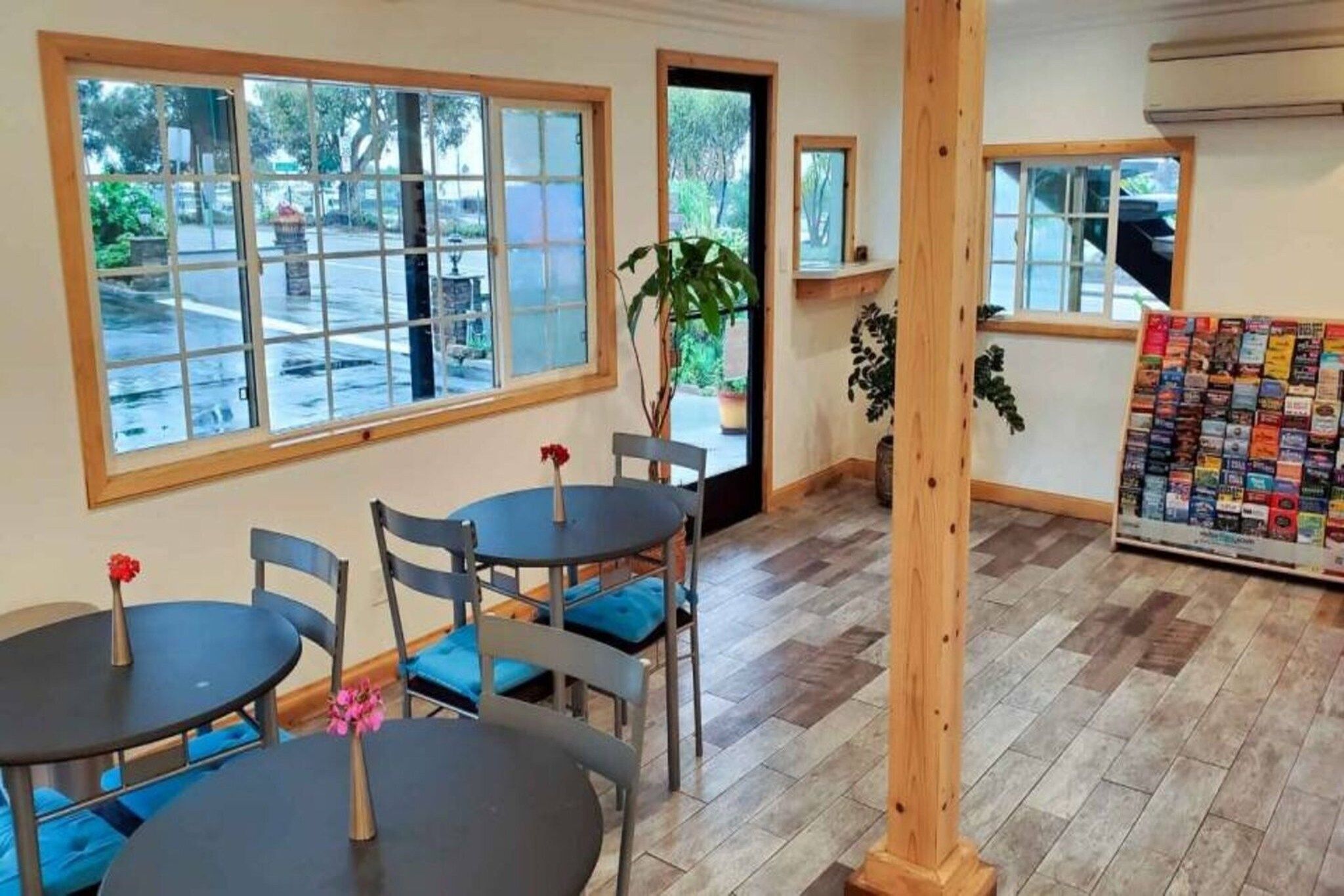 A cafe with tables and chairs, large windows, and a plant.