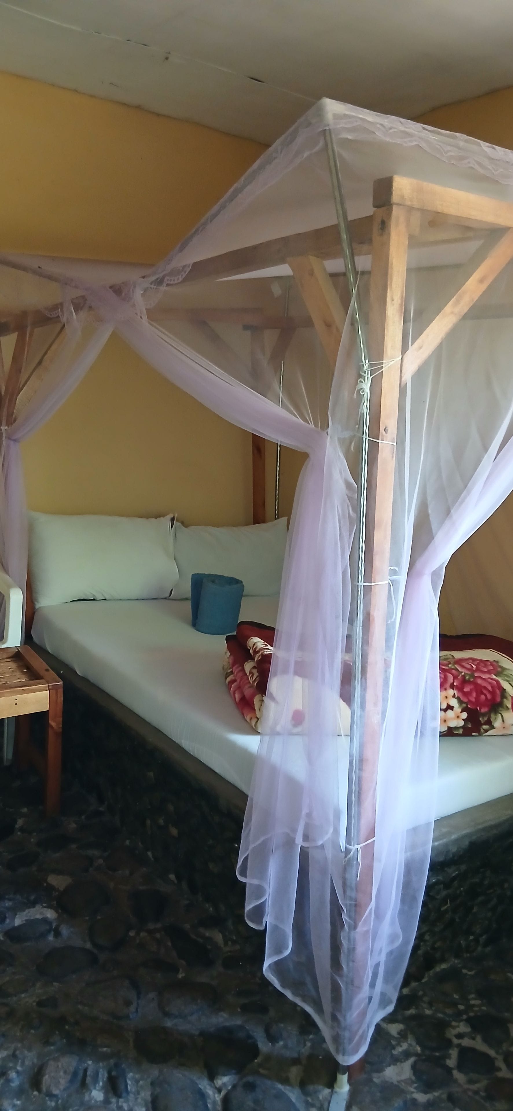 A room with a bed under a canopy, a sofa, and a small table.
