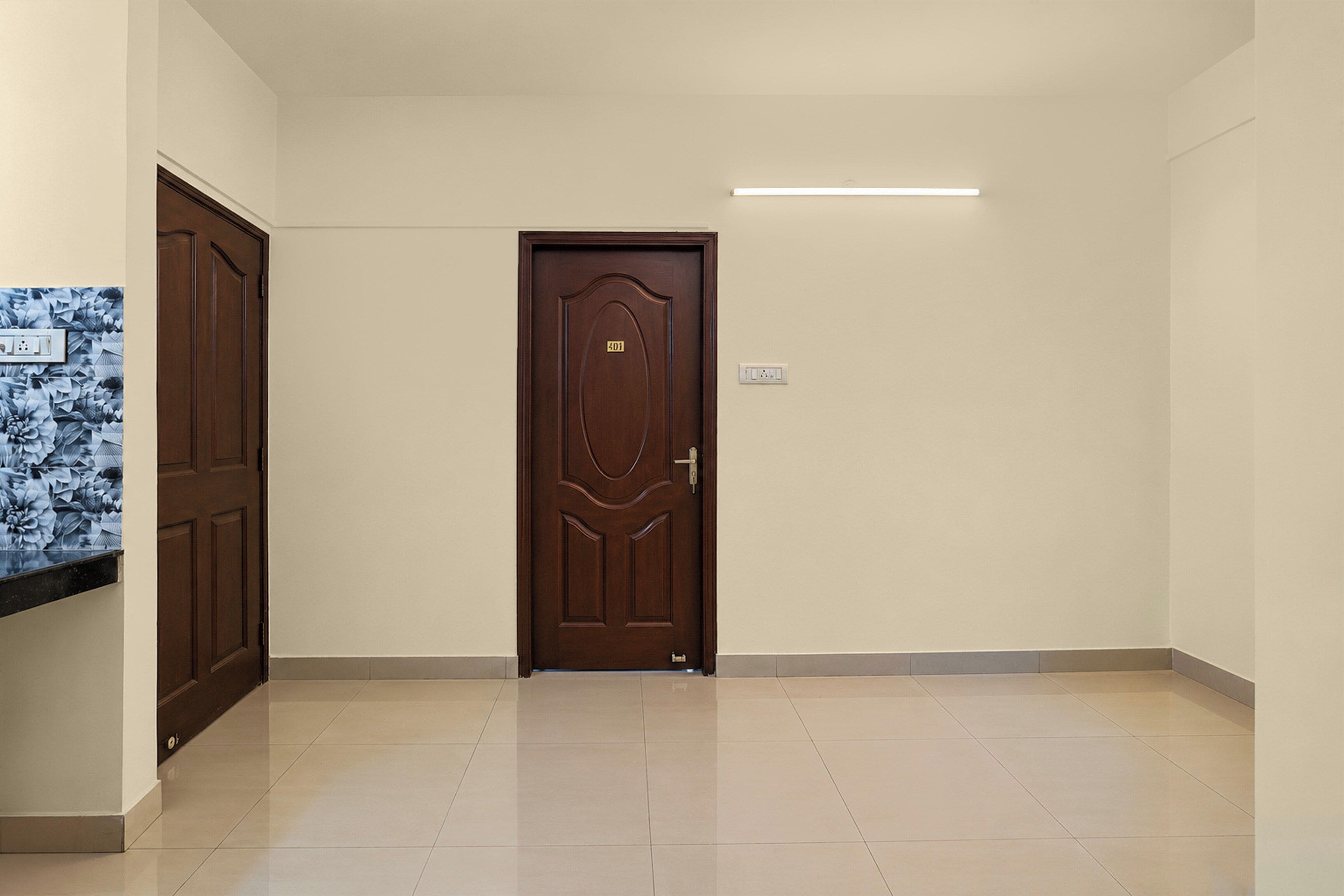 Un pasillo con una puerta de madera, un interruptor de luz y un enchufe en la pared.