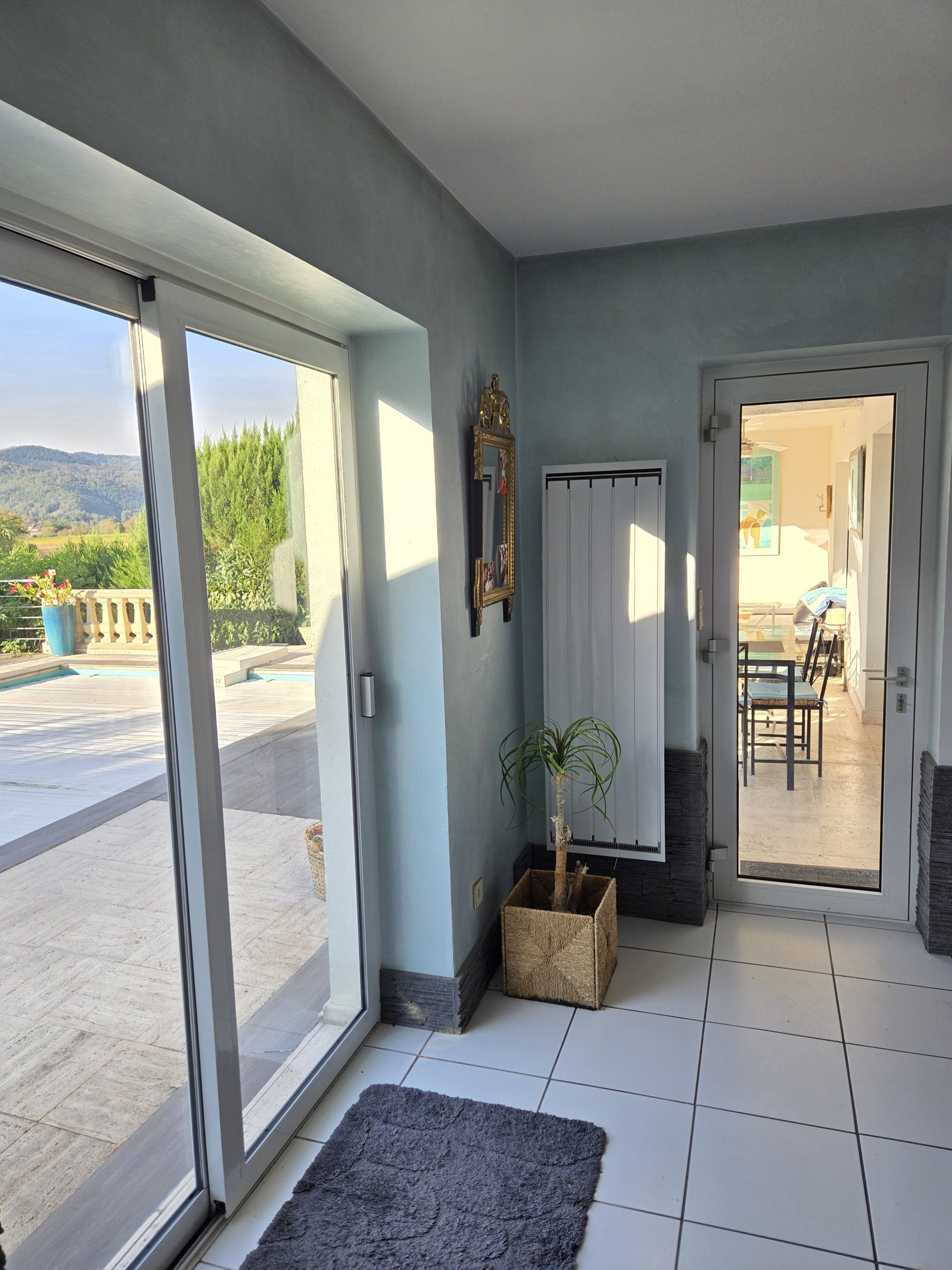 Une pièce dotée d’une porte-fenêtre coulissante donnant sur un balcon, d’une plante en pot, d’un miroir encadré et d’un sol carrelé.