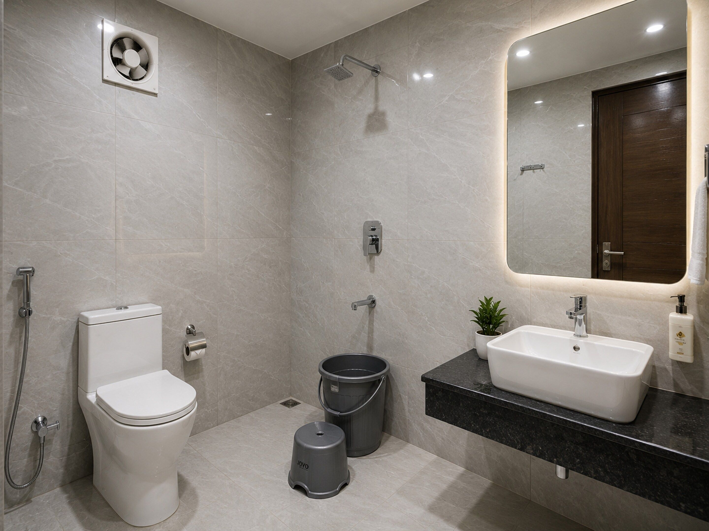 A modern bathroom with a toilet, bidet, sink, and shower.