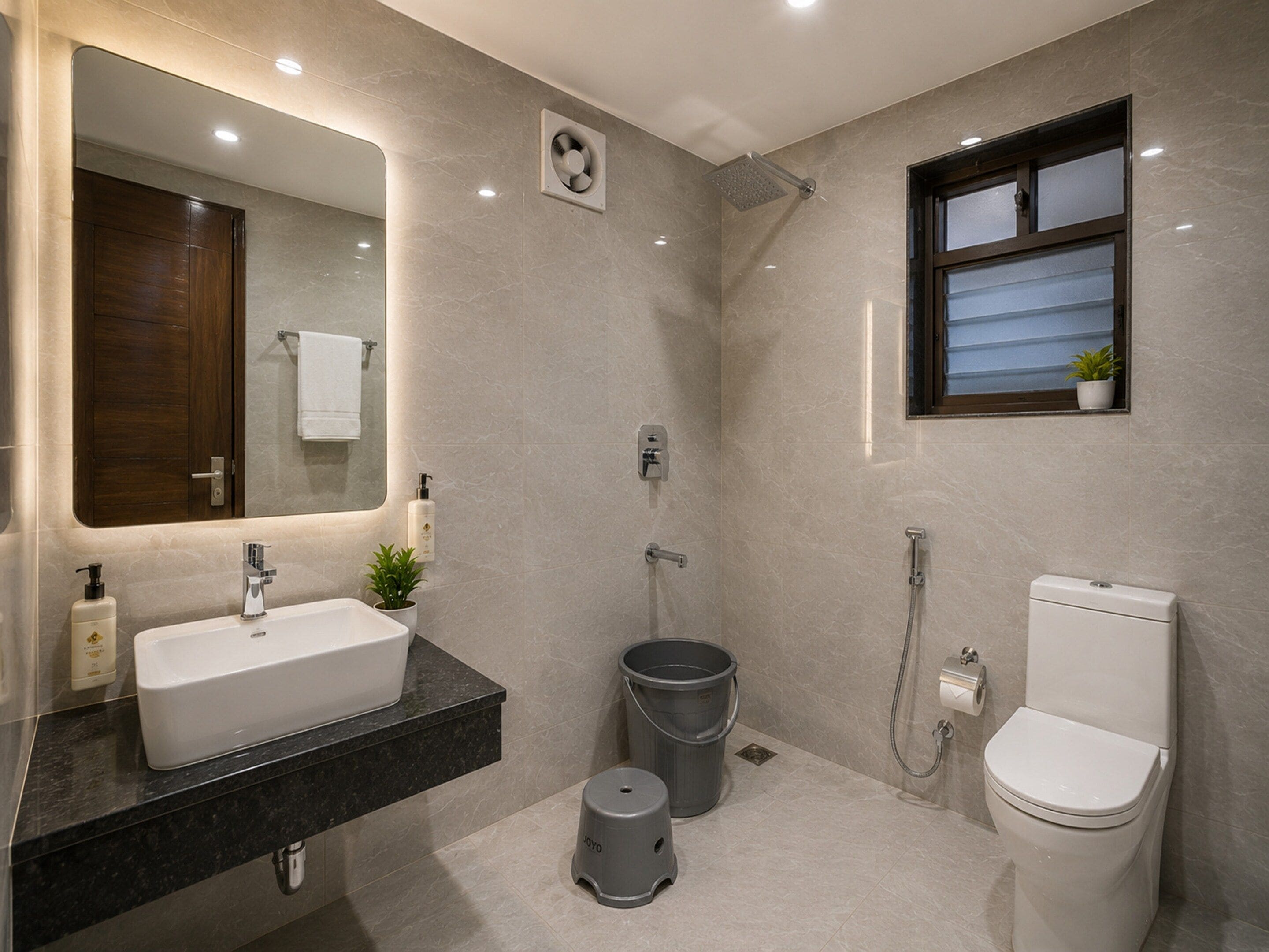 Un bagno moderno con uno specchio grande, un lavandino, un water e una doccia.