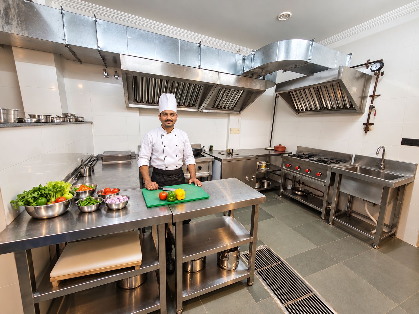 Un chef dans une cuisine professionnelle équipée d’appareils en acier inoxydable, avec une grande planche à découper recouverte de légumes et une variété d’ustensiles de cuisine.
