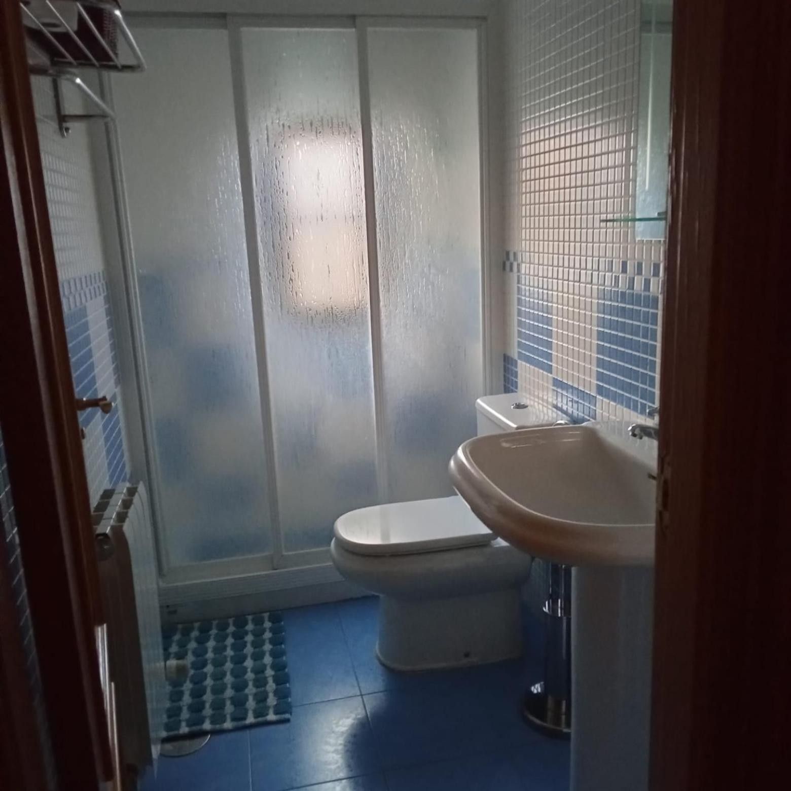 A bathroom with a toilet, a sink, and a shower enclosure.