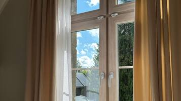 A window with a view of a house and trees, curtains, and a radiator.