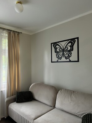Une pièce avec un canapé beige, une décoration murale représentant un papillon noir et une fenêtre avec des rideaux.