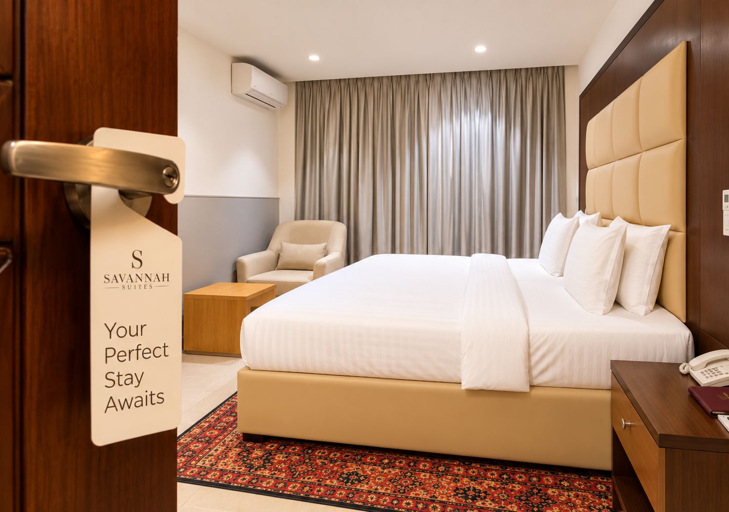 Habitación de hotel con cama, una silla, una mesita pequeña y una mesita de noche con un teléfono.