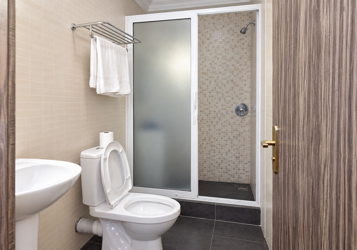 Un baño con inodoro, lavabo y zona de ducha.