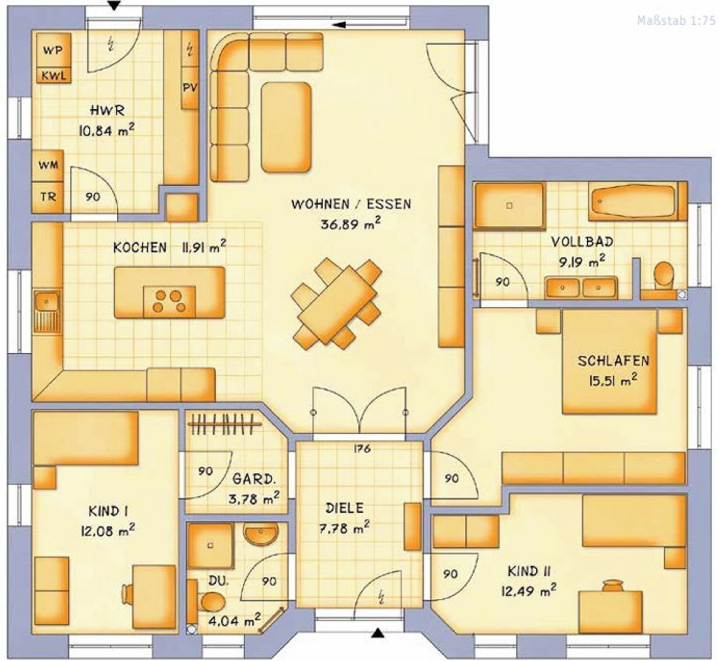 A floor plan of a hotel with a living room, kitchen, two bedrooms, a bathroom, and a garden area.