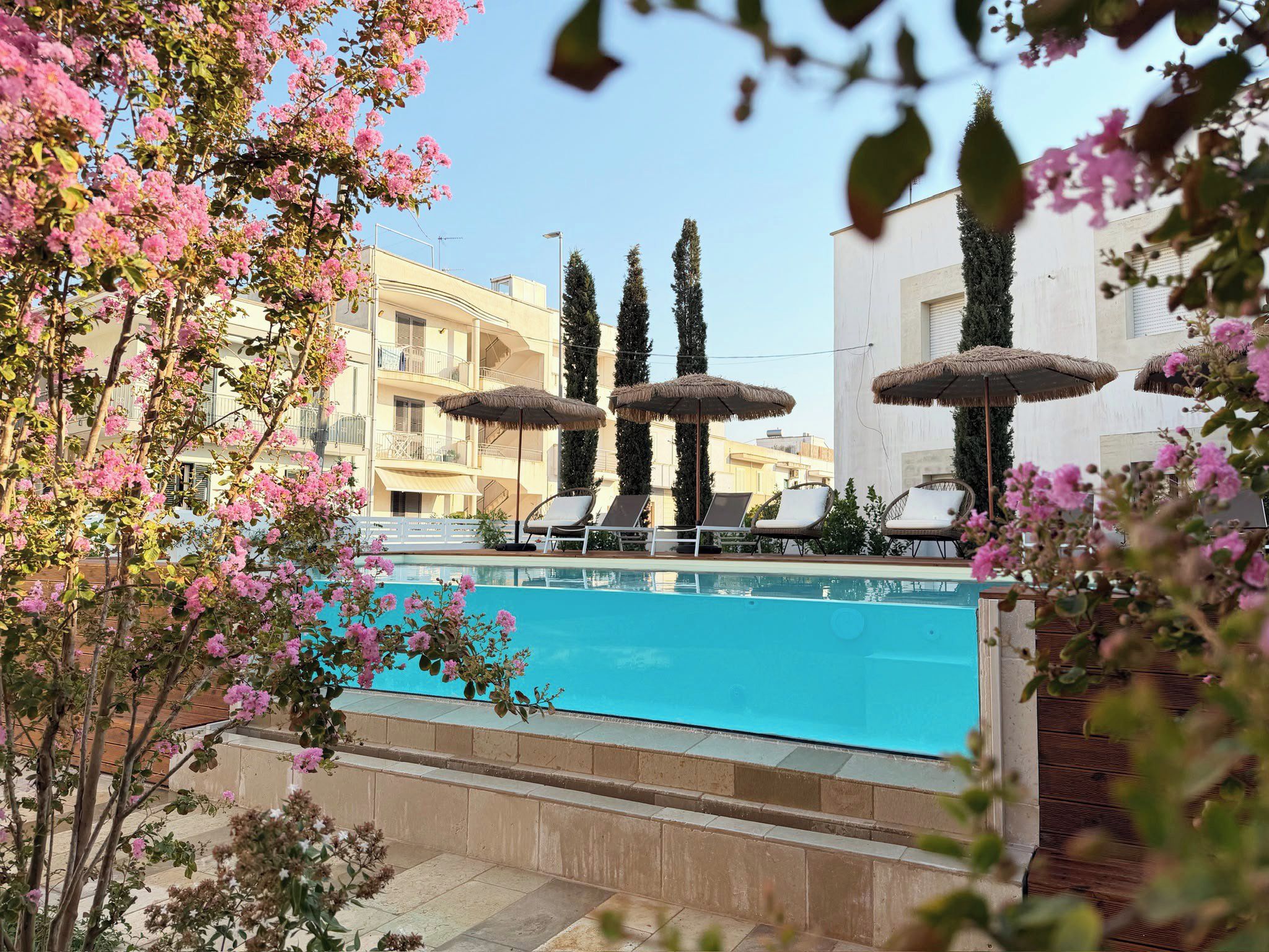 A swimming pool with lounge chairs and umbrellas, surrounded by buildings and flowering plants.