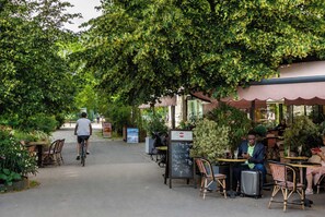 Ein Straßencafé mit Tischen und Stühlen, umgeben von Grünpflanzen und einem Weg.