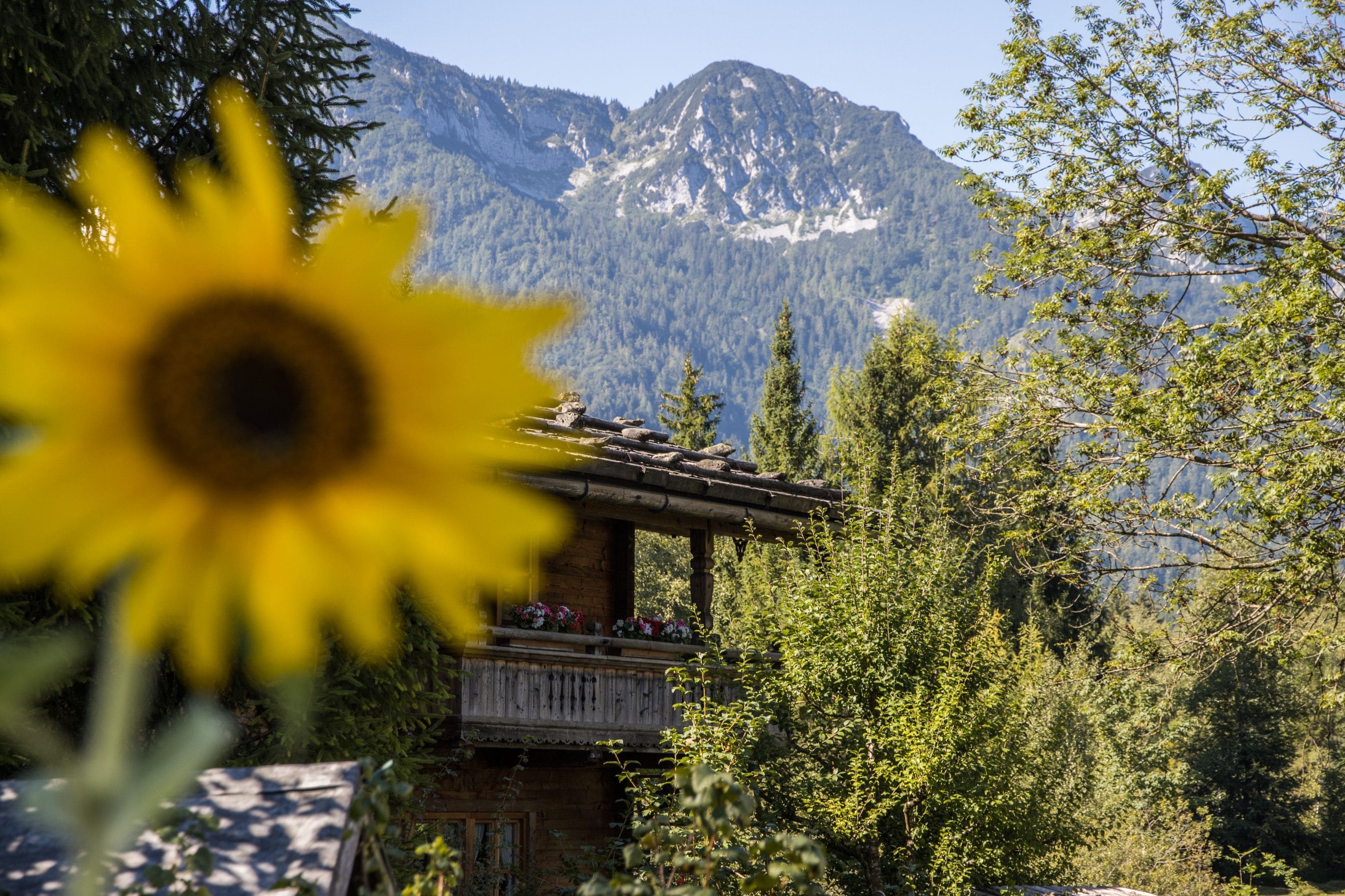 A wooden cabin with a balcony overlooking a mountainous landscape.