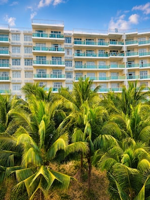 A multi-story hotel with balconies and a lush palm tree garden in front.