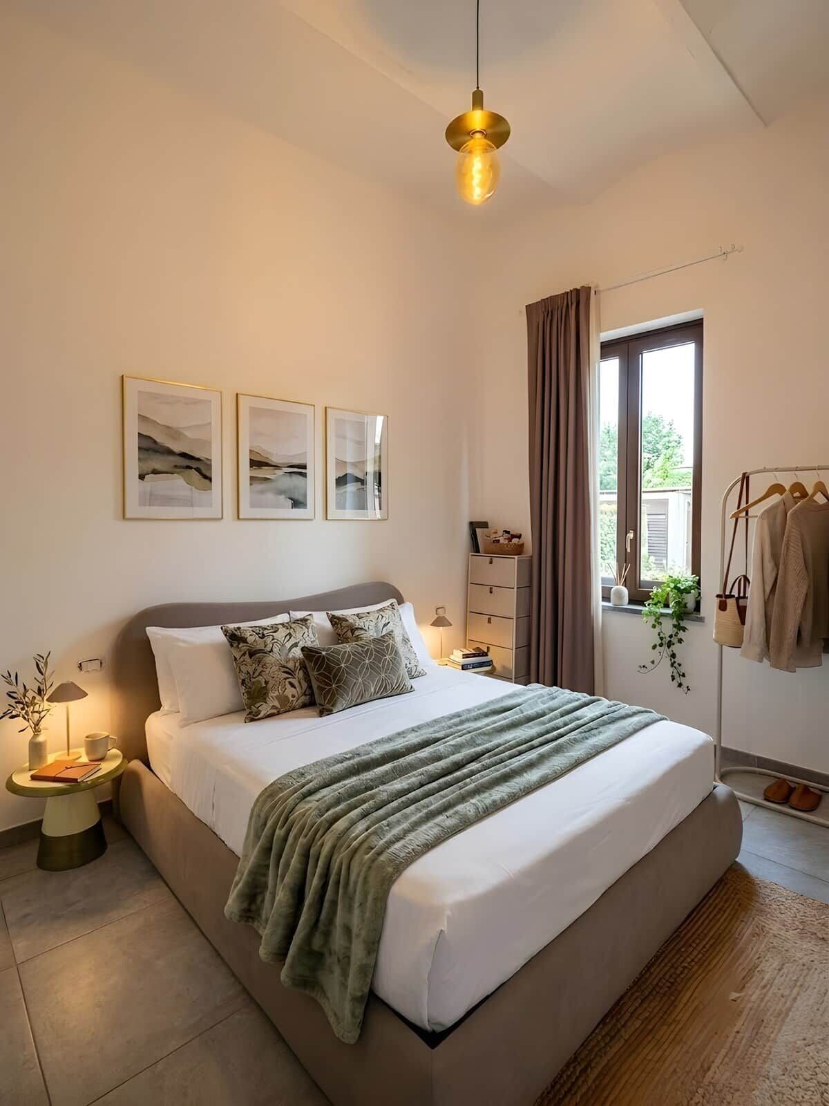Una camera da letto moderna con un letto, comodini, una lampada a sospensione e una finestra con tende.