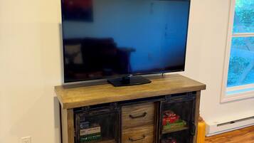 A flat-screen TV on a wooden cabinet with drawers and shelves, a patterned rug, and a window with a view of greenery.