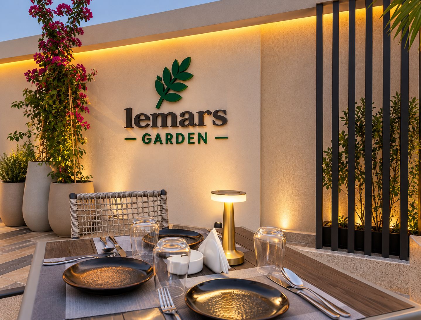 An outdoor dining setup with a table set for two, a chair, and a sign for 'lemars GARDEN'.