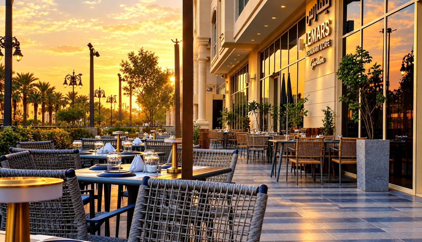 Een terras met rieten stoelen en tafels, palmbomen en een gebouw met een bord waarop staat 'Café Lemars Restaurant & Café'.