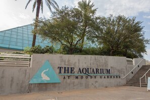 Ein Schild für das Aquarium in Moody Gardens mit einem stilisierten Delphin-Logo.