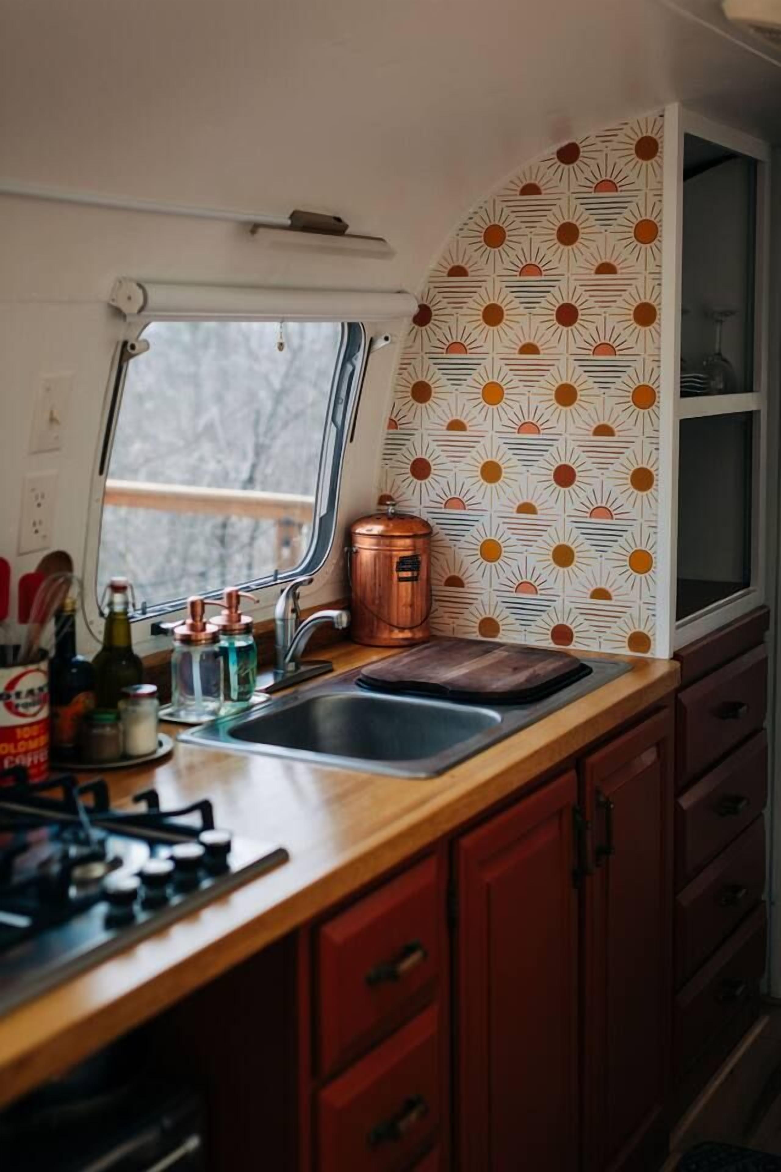 Kitchen sink with view onto deck.
