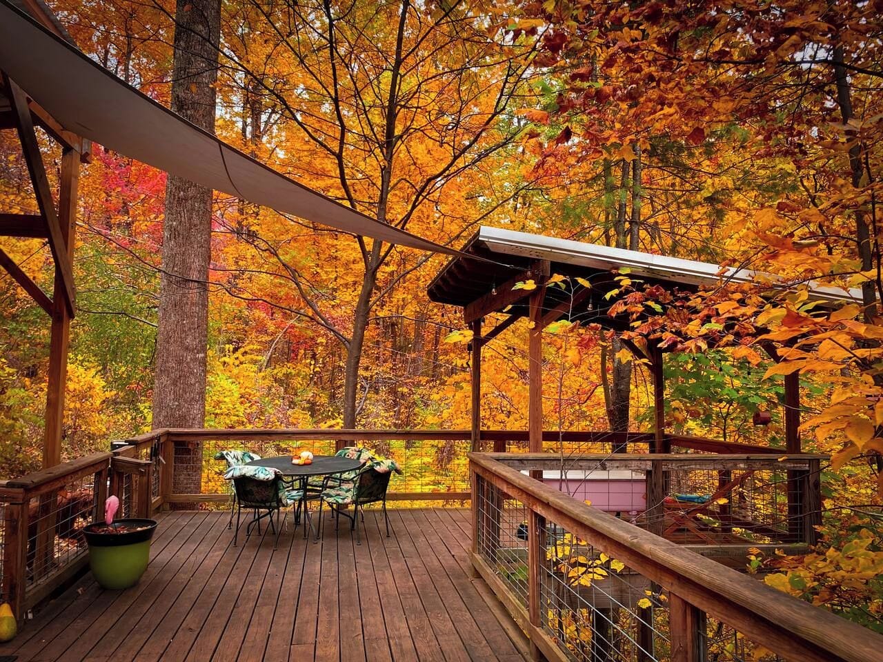 Une terrasse en bois avec une table et des chaises, entourée d’arbres aux feuilles d’automne.