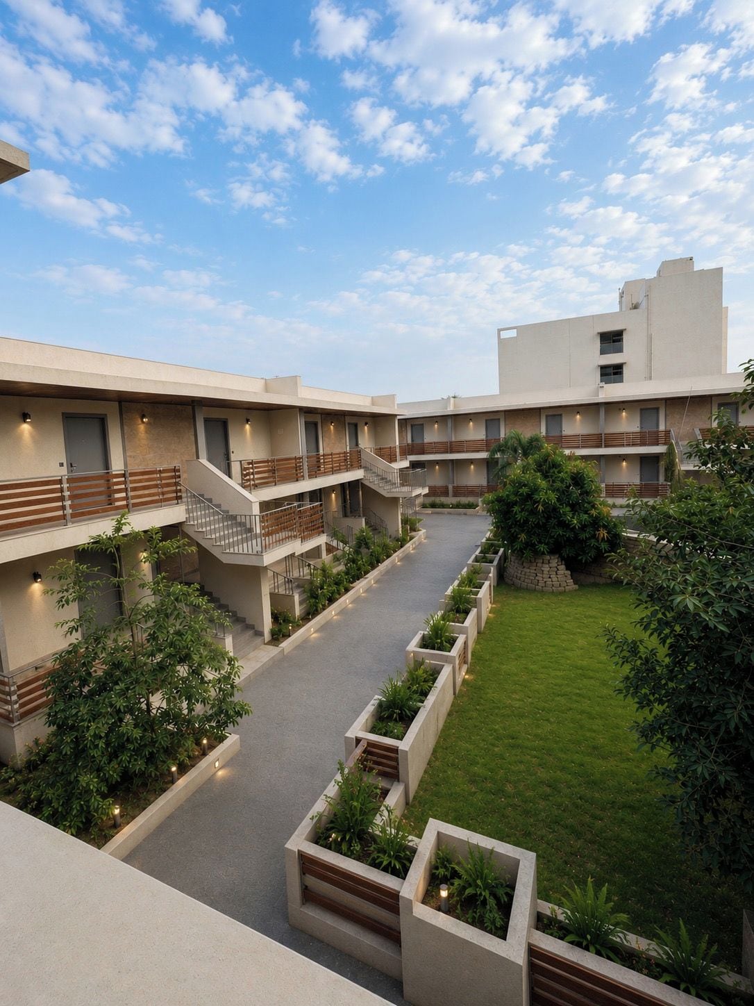Un edificio moderno con varios balcones, un patio central con jardineras y un cielo despejado.