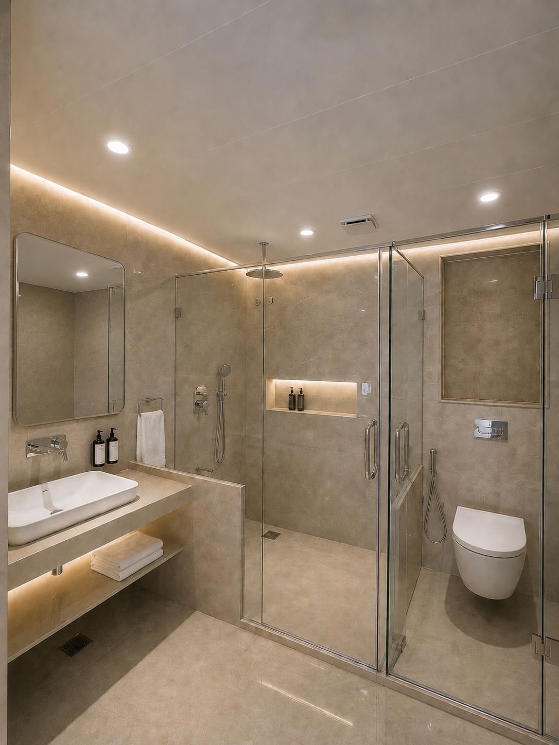 Un baño moderno con ducha de vidrio, tocador doble y un inodoro.