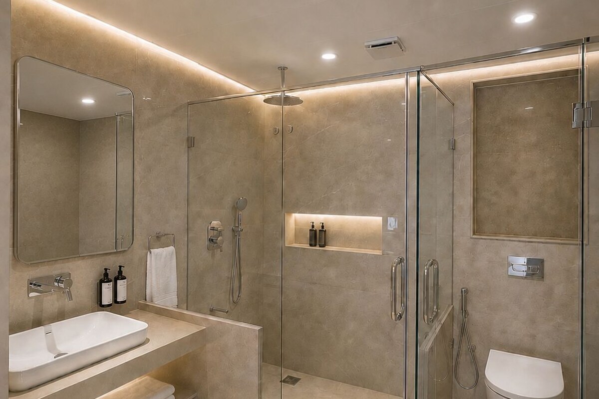 Cottage, balkon, uitzicht op tuin | Badkamer | Een douche, een haardroger, handdoeken, zeep