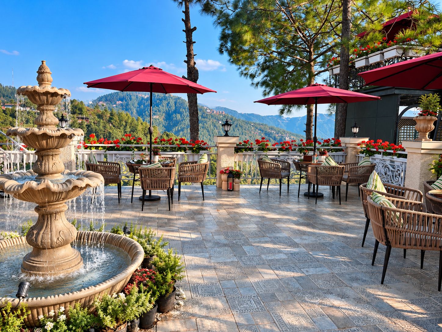 Un patio al aire libre con una fuente escalonada, muebles de mimbre, sombrillas rojas y montañas al fondo.
