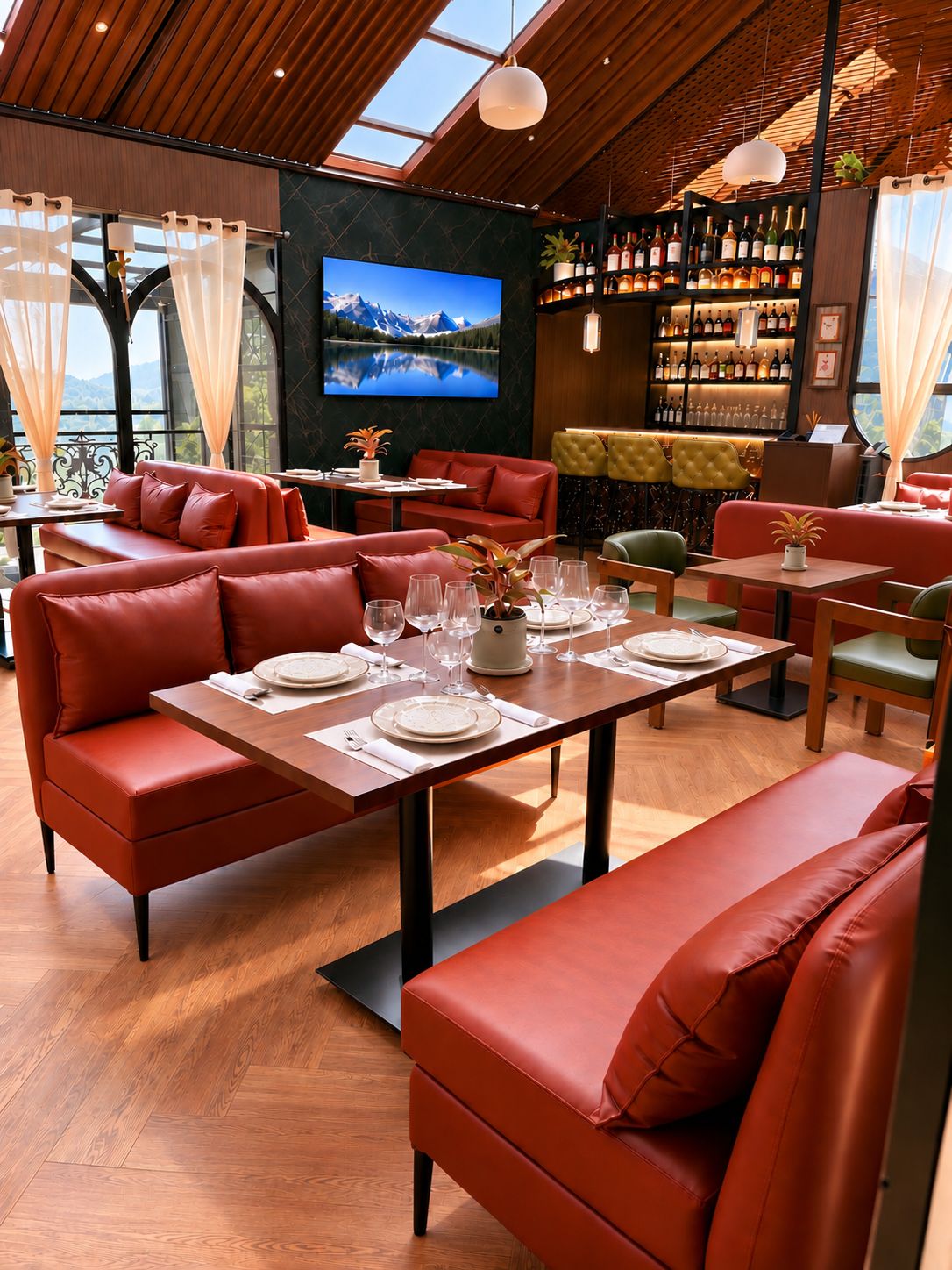 Un restaurant avec des sièges en cuir rouge, des tables en bois et un grand écran de télévision diffusant un paysage de montagne.