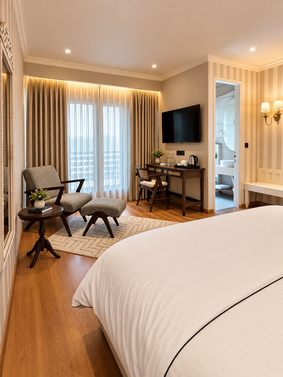 Quarto de hotel com uma cama grande, uma escrivaninha com televisão, área de estar com cadeiras e vista para a cidade pela janela.
