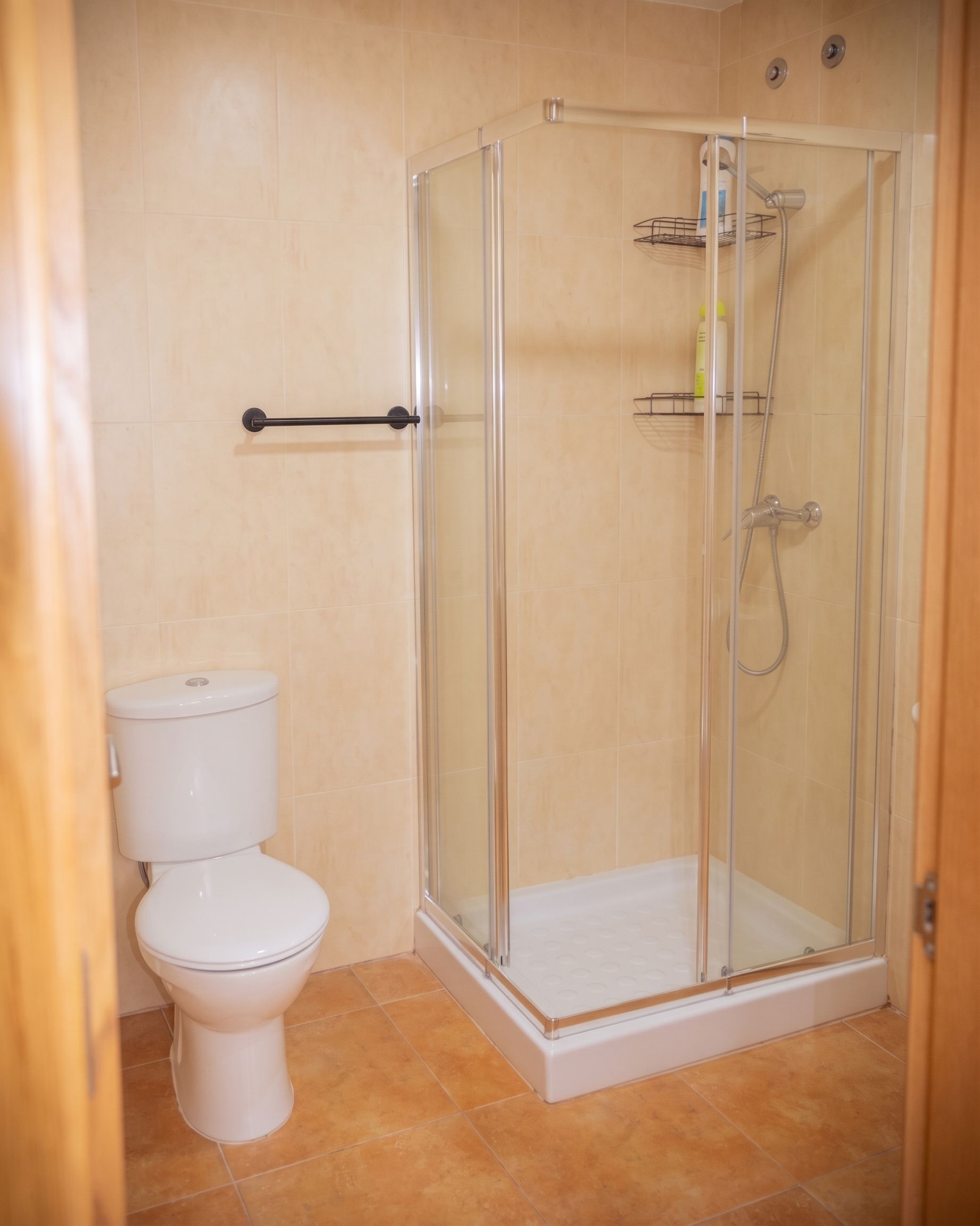 A bathroom with a glass-enclosed shower, a toilet, and a towel rack.