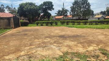 Un área pavimentada con una reja de metal, rodeada de vegetación y árboles.