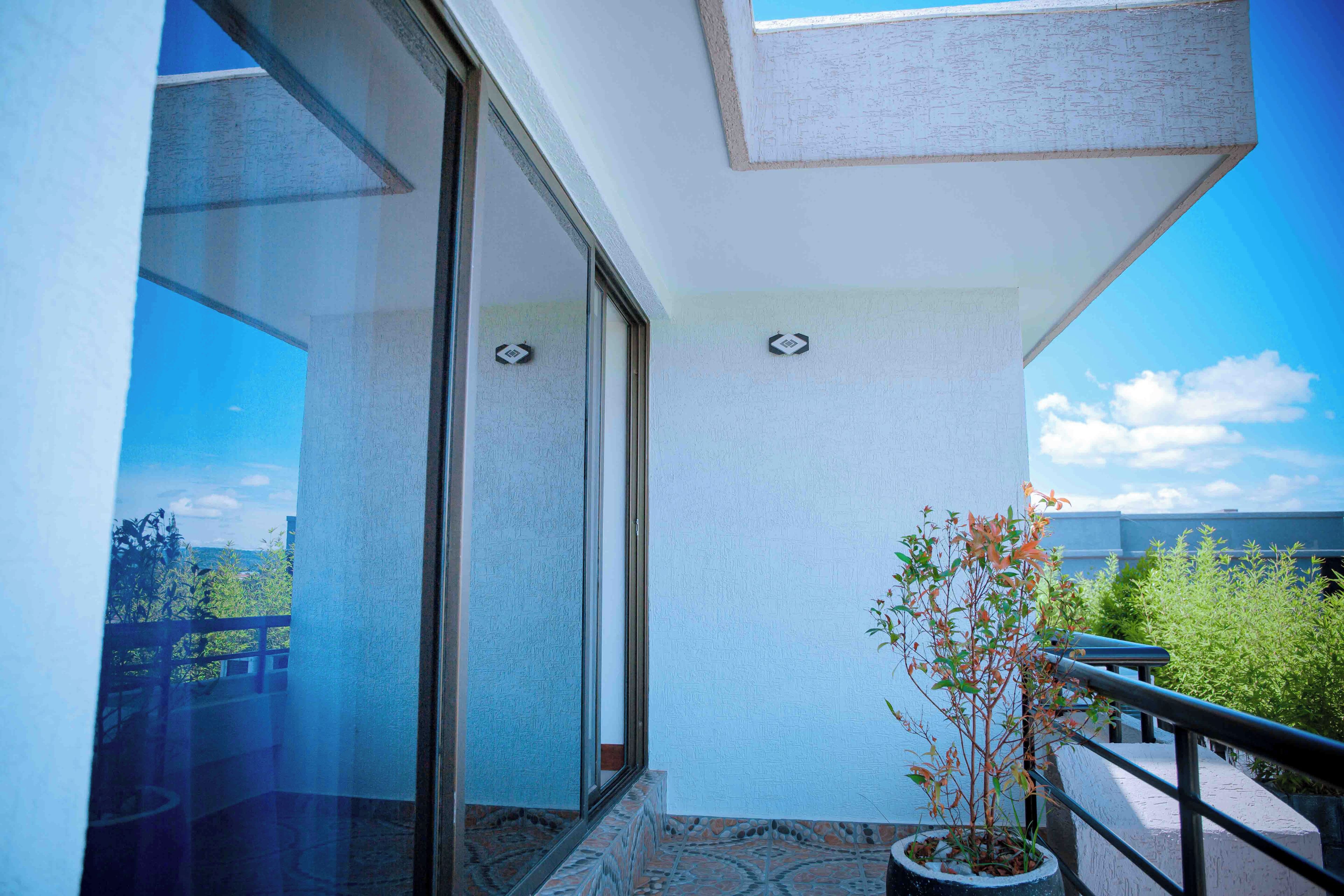 A balcony with a potted plant, a glass door, and a clear sky.