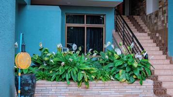 A staircase leading to a second floor, flanked by a planter with green foliage and white flowers, and a tennis racket leaning against a wall.