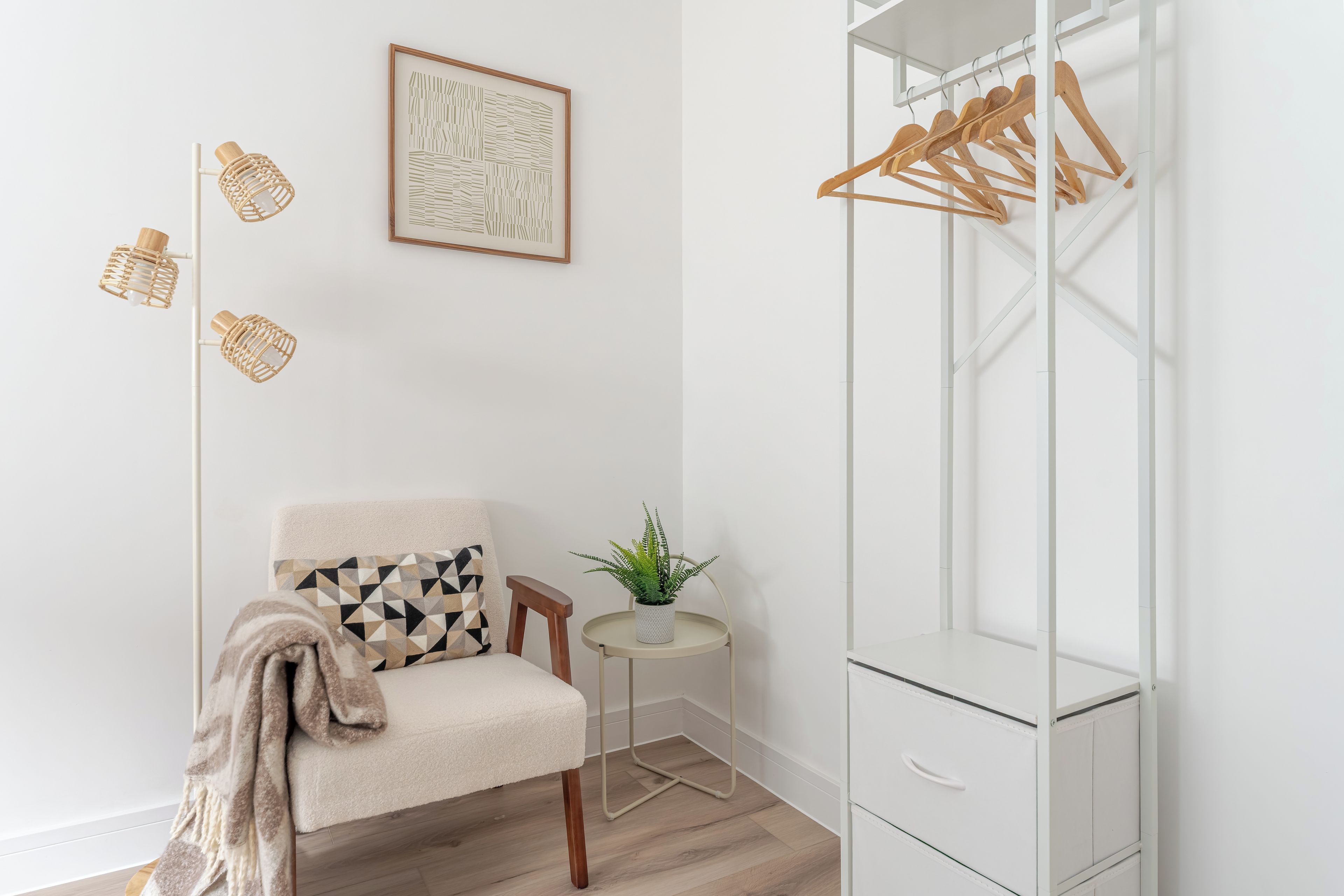 A minimalist room with a chair, a small table with a plant, a coat rack, and a wardrobe.