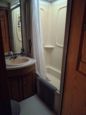 A bathroom with a sink, mirror, and shower.