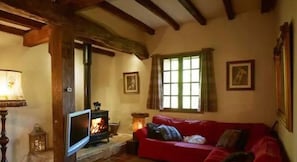 Ein gemütliches Wohnzimmer mit Kamin, einem roten Sofa und einem Fernseher.