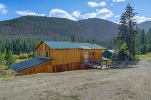Une cabane en bois avec un toit en métal, une véranda et une allée gravillonnée.