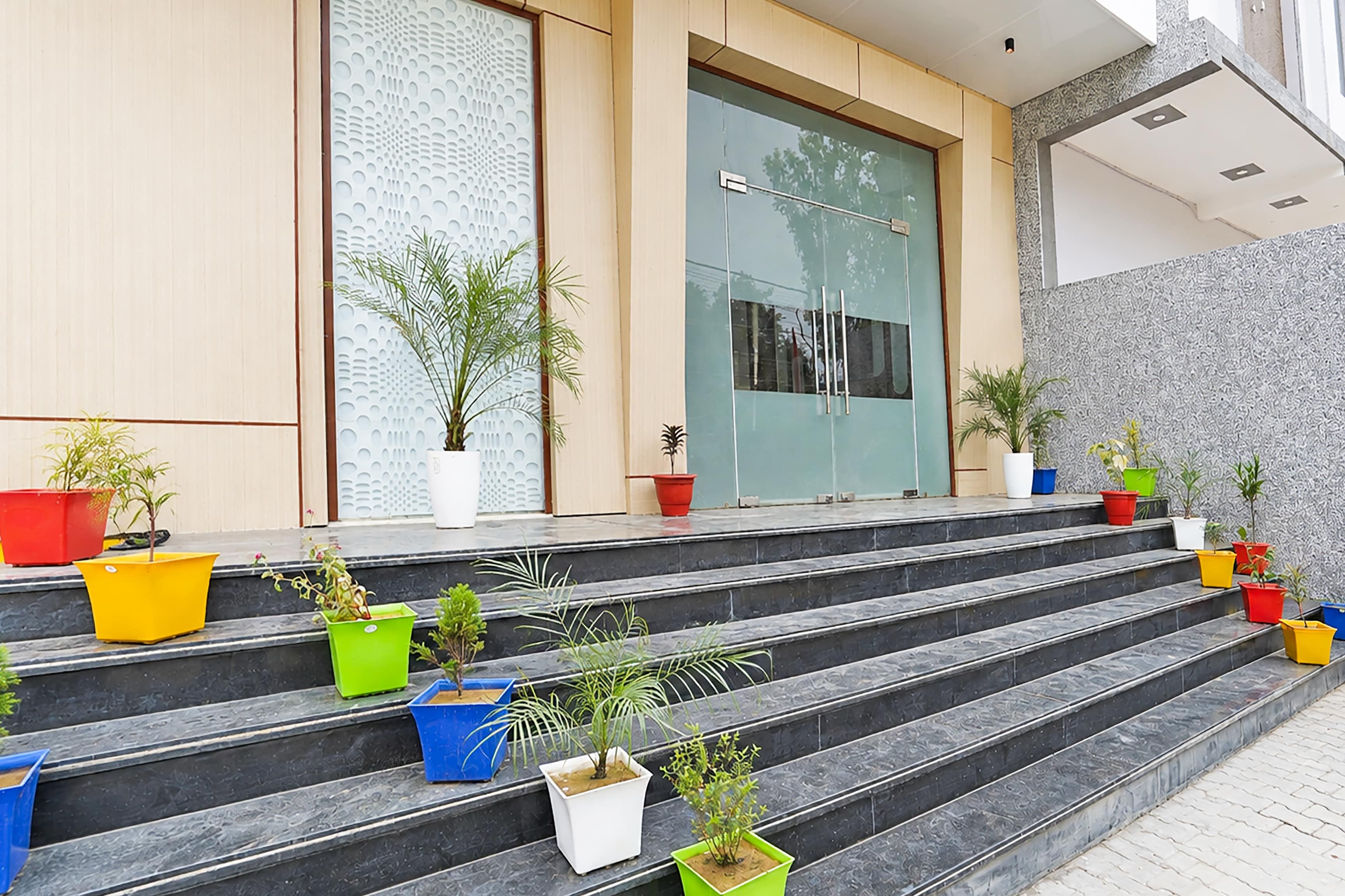 A building entrance with a set of steps leading up to a glass door, flanked by potted plants and a textured wall.