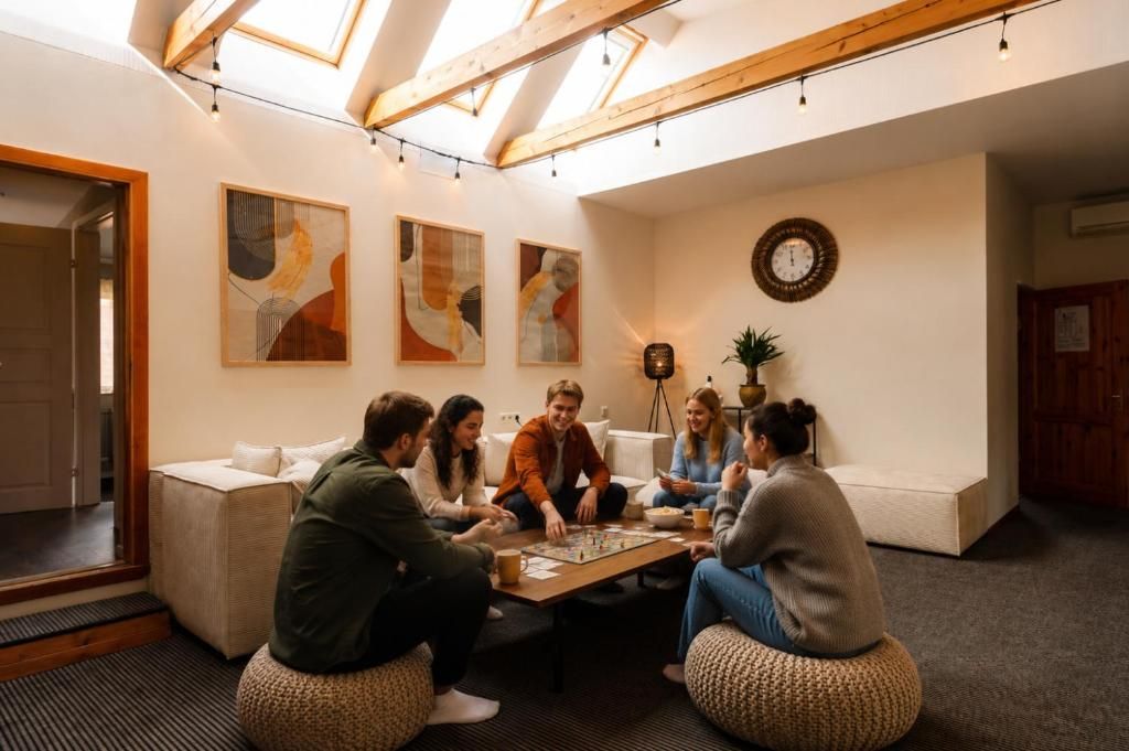 Un grupo de personas jugando juegos de mesa en una habitación con techo inclinado, arte abstracto en las paredes y un reloj.