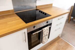 A kitchen with a black induction cooktop, stainless steel oven, and wooden countertop.