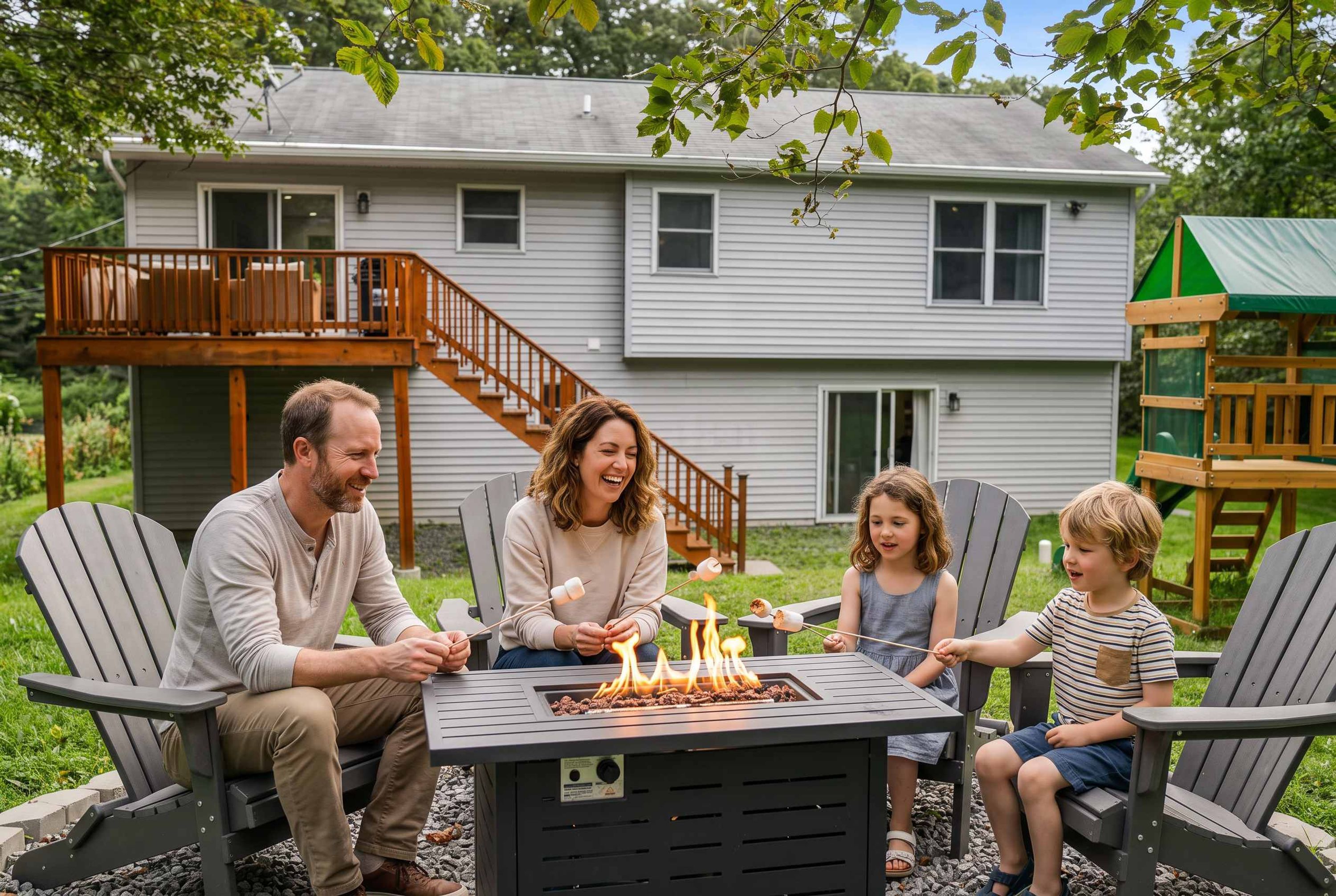 A family of four seated around a fire pit with a house in the background.