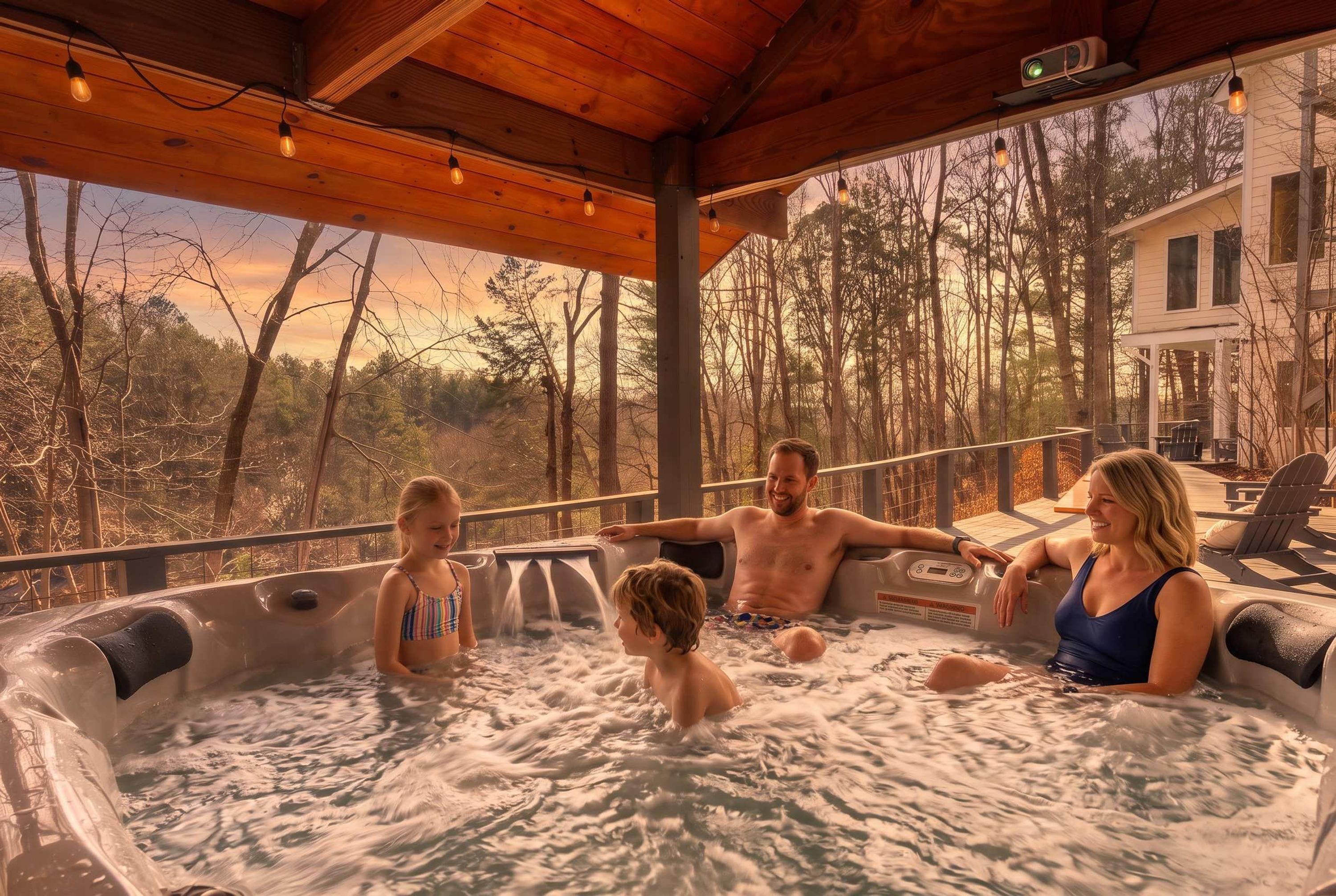 A hot tub with four people, surrounded by a wooden deck and a view of trees and a house.